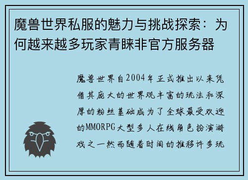 魔兽世界私服的魅力与挑战探索：为何越来越多玩家青睐非官方服务器